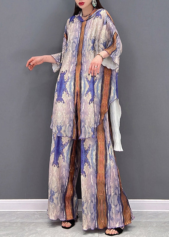 Colorblock Hooded Side Open Print Tops and Wide Leg Pants Two-piece Set Spring