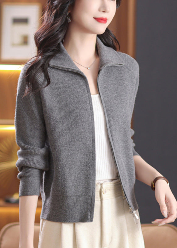Grey Zippered Knitted Cotton Coats Long Sleeve