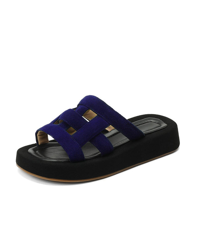 Navy Hollow Out Peep Toe Platform Suede Slide Sandals