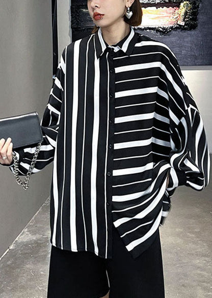 Unique Black White Striped Asymmetrical Design Fall Blouses Long Sleeve