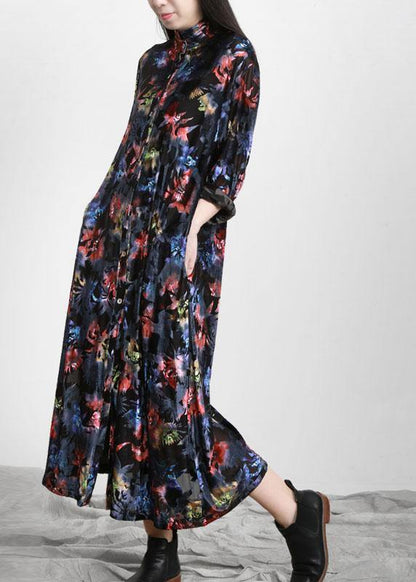 Black Print Button Pockets Vacation Dresses Fall