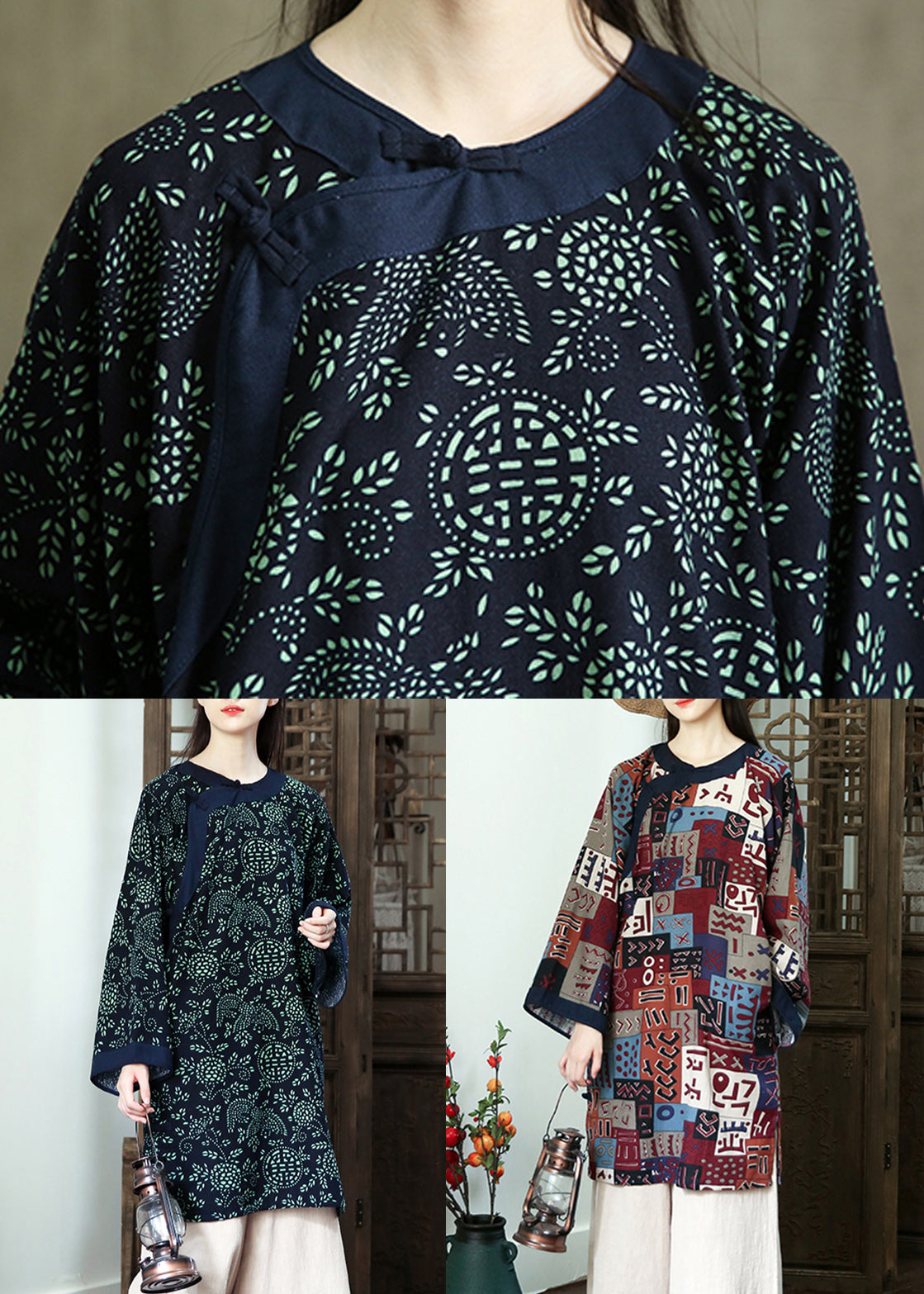 Navy Print Button Patchwork Cotton Mid Dress Fall