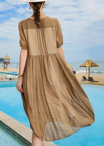Brown O Neck Wrinkled Patchwork Silk Vacation Dresses Summer