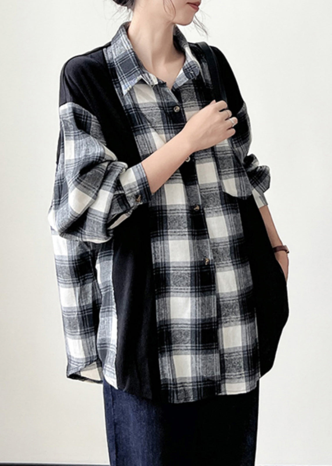 Black Plaid Button Patchwork Cotton Shirts Fall