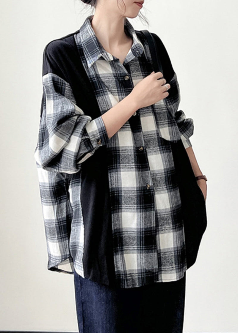 Black Plaid Button Patchwork Cotton Shirts Fall