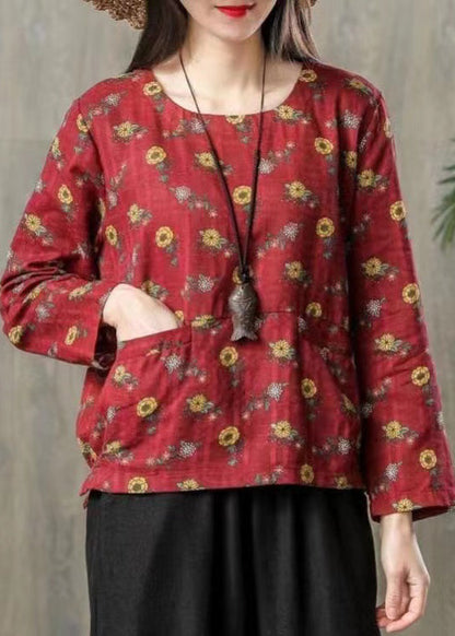 Red Print O Neck Patchwork Cotton T Shirt Top Fall