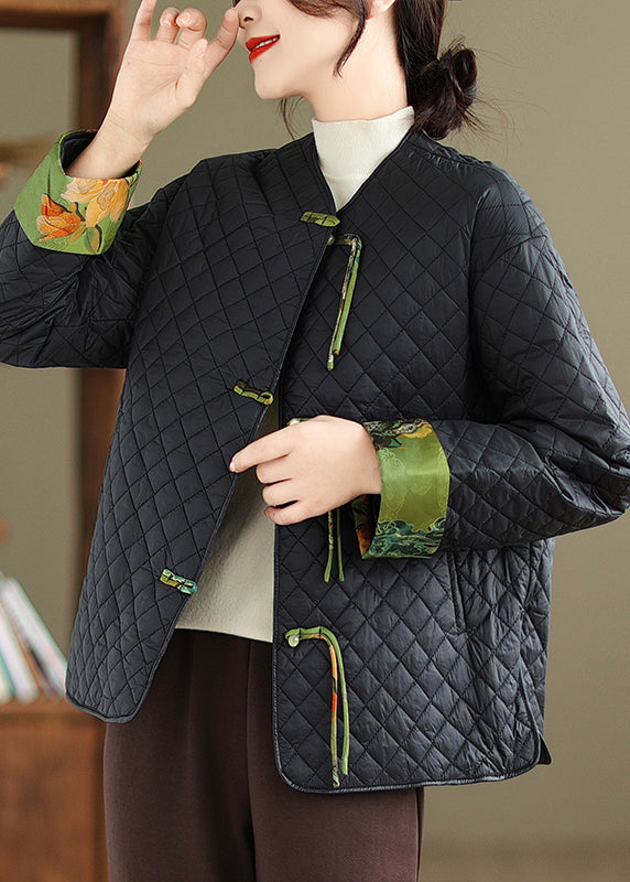 Black Tasseled Button Patchwork Fine Cotton Filled Jackets Winter