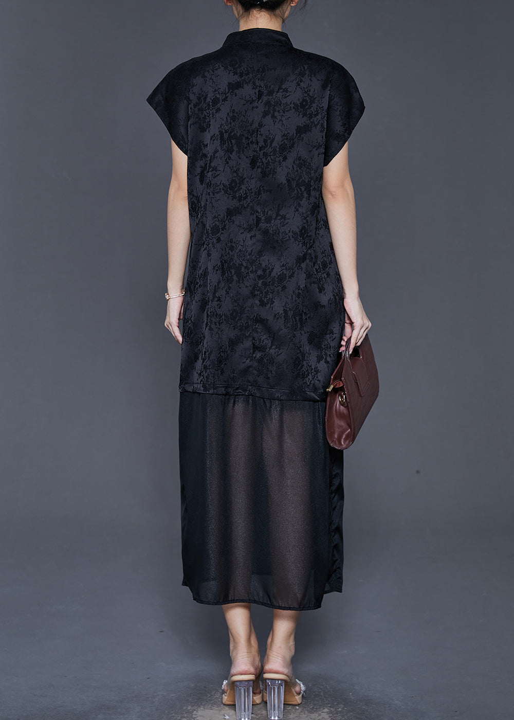 Black Jacquard Patchwork Bow Silk Dress Summer