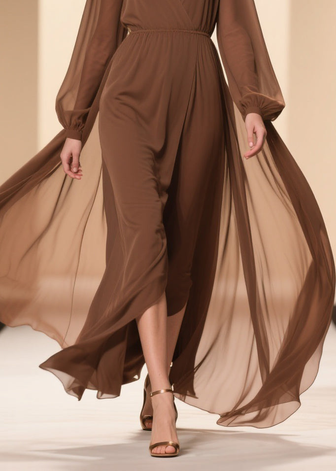 Coffee Wrinkled Chiffon Maxi Dresses V Neck