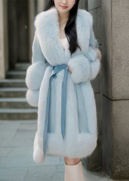 Pink Fox Collar Tie Waist Long Coats Winter