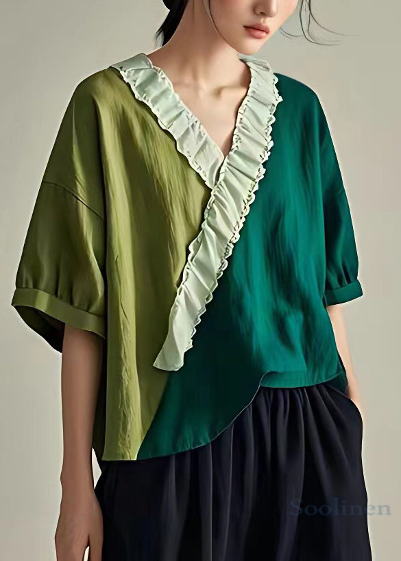 Green Ruffled Patchwork Cotton T Shirt Summer