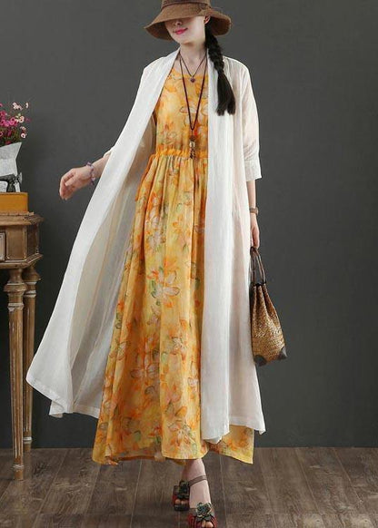 White Summer Linen Side Open Loose Coat Long