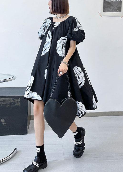 Unique Black Print O Neck Cotton Puff Sleeve Mini Dress Summer