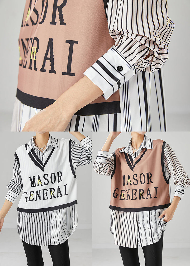 White Striped Patchwork Cotton Shirt Top Fall