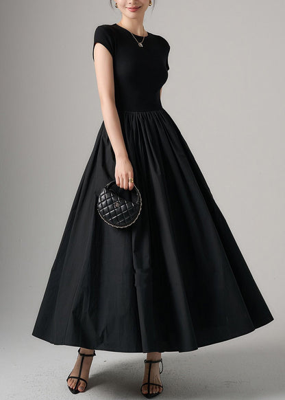 Black Pockets Knit Patchwork Cotton Long Dress Summer