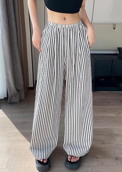 New White Striped Pockets High Waist Cotton Pants Summer