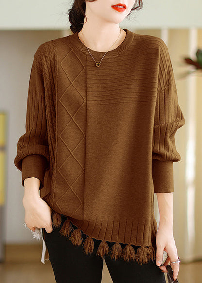 Beige O-neck Tasseled Cotton Knit Tops Long Sleeve
