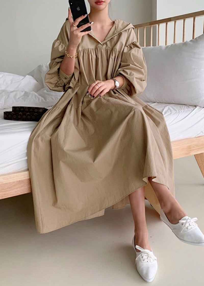 Coffee Hooded Exra Large Hem Cotton Holiday Dress Fall