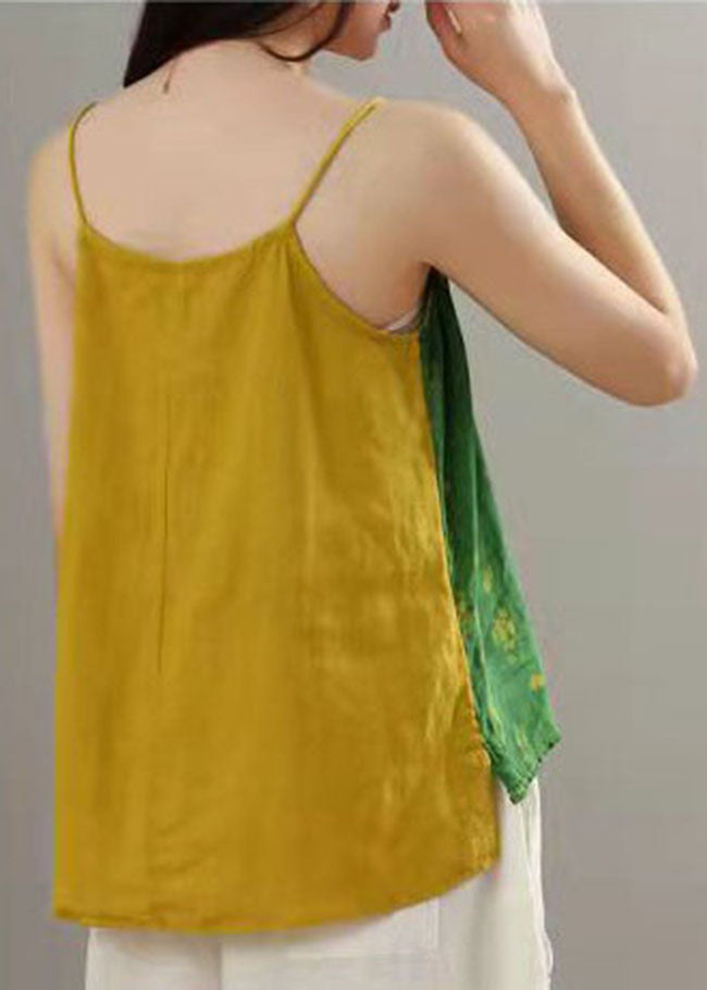 Green Print Patchwork Spaghetti Strap Tops Summer