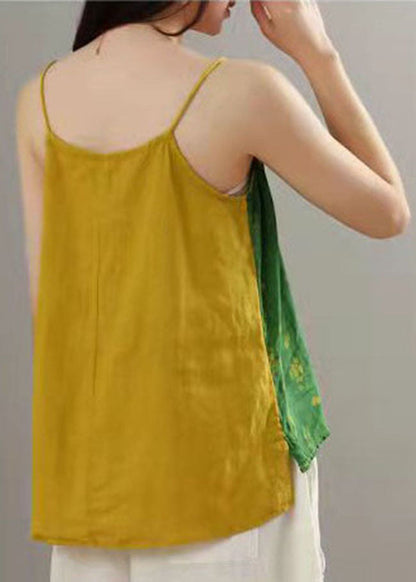 Green Print Patchwork Spaghetti Strap Tops Summer