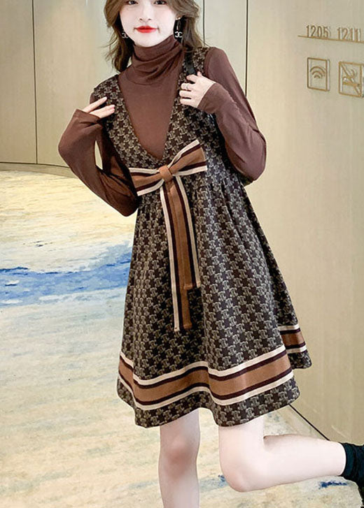 Modern Chocolate Retro V Neck Print Fall Two Piece Set Dresses
