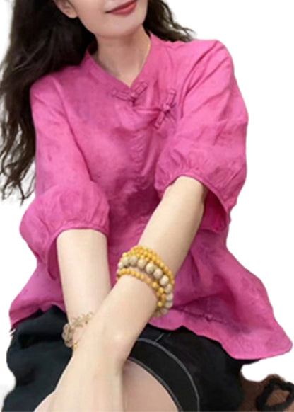Rose Stand Collar Chinese Button Linen Tops Fall