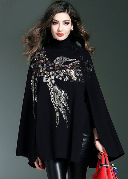 Black Turtle Neck Sequins Knit Sweater Cloak Sleeves