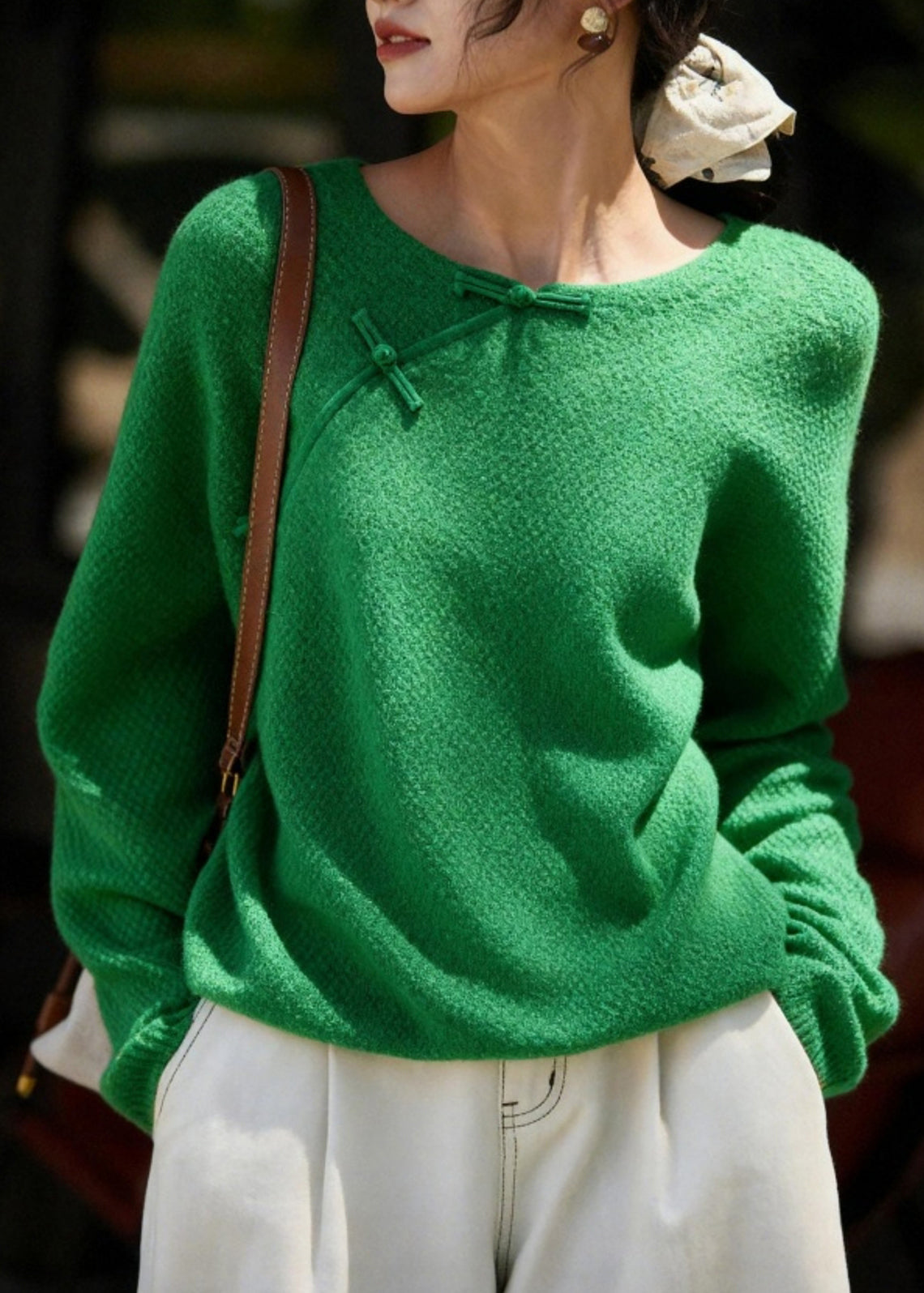 Chinese Style Green O-neck Patchwork Cozy Cotton Knit Sweater Fall