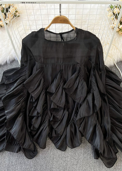 Black O-neck Ruffled Patchwork Button Silk Top Long Sleeve Spring