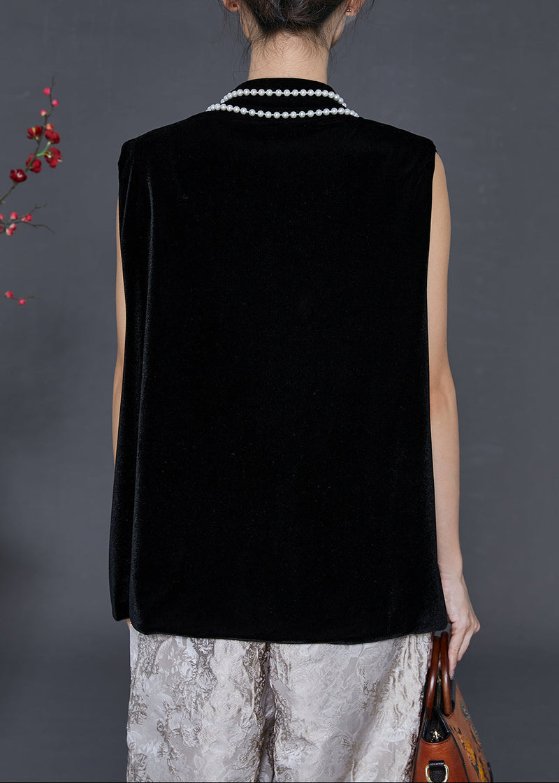 Black Sequins Mandarin Collar Silk Velour Vests Spring