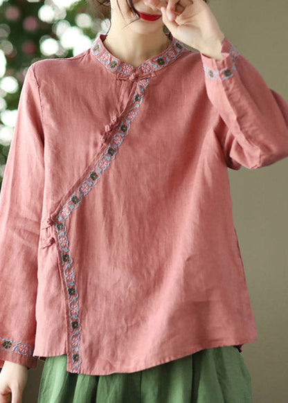 Watermelon Red Embroideried Linen Shirt Long Sleeve