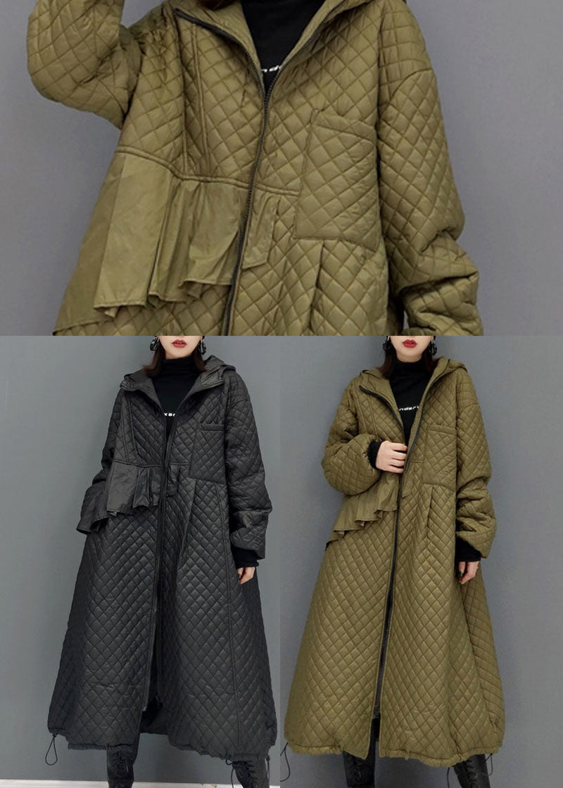 Black Hooded Pockets Fine Cotton Filled Witner Coat Winter