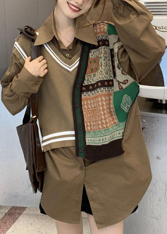 Chocolate Peter Pan Collar Patchwork Vest Shirt Top Spring
