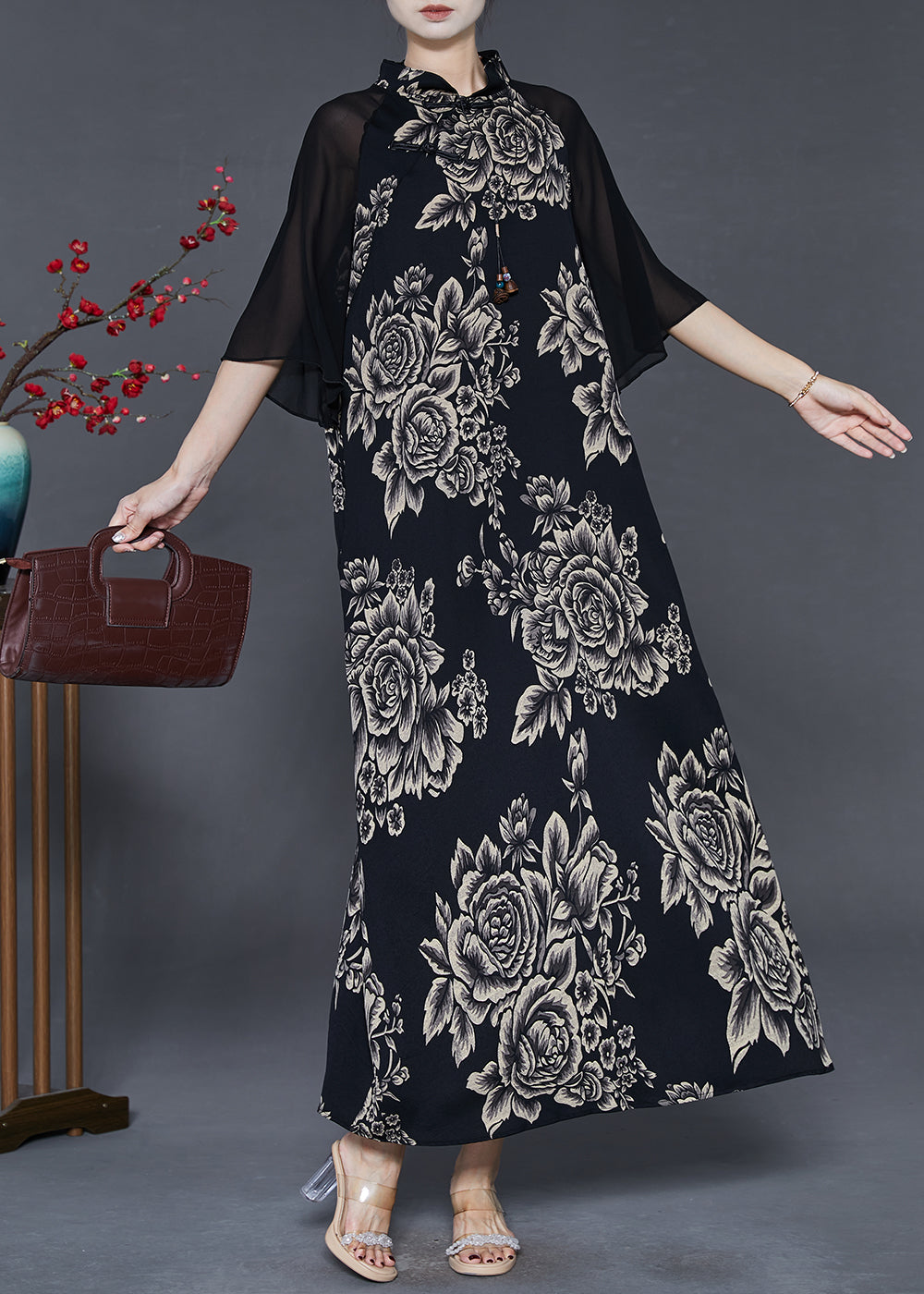 Black Mandarin Collar Patchwork Print Chiffon Long Dresses Summer