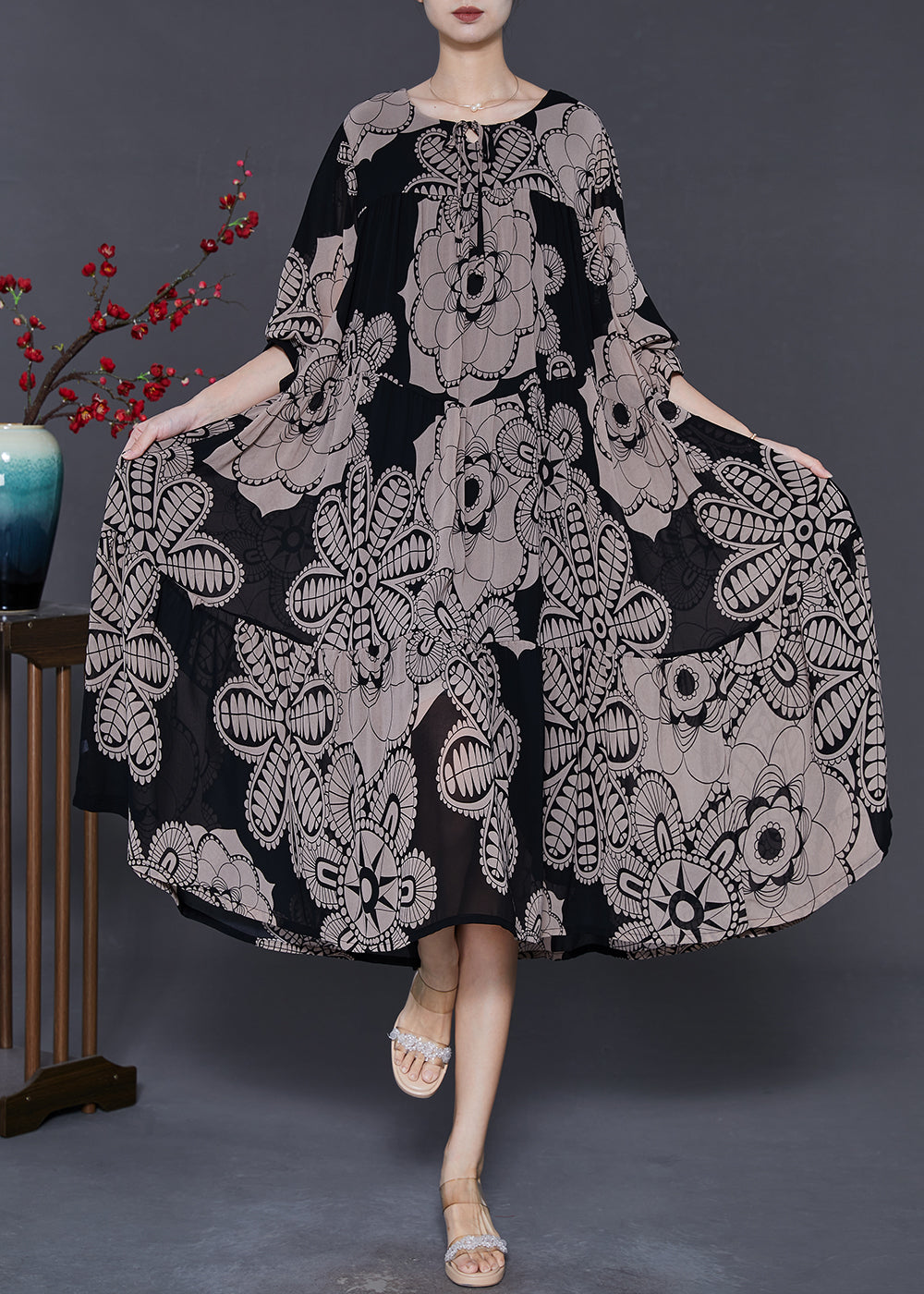 Khaki Oversized Print Chiffon Dresses Fall