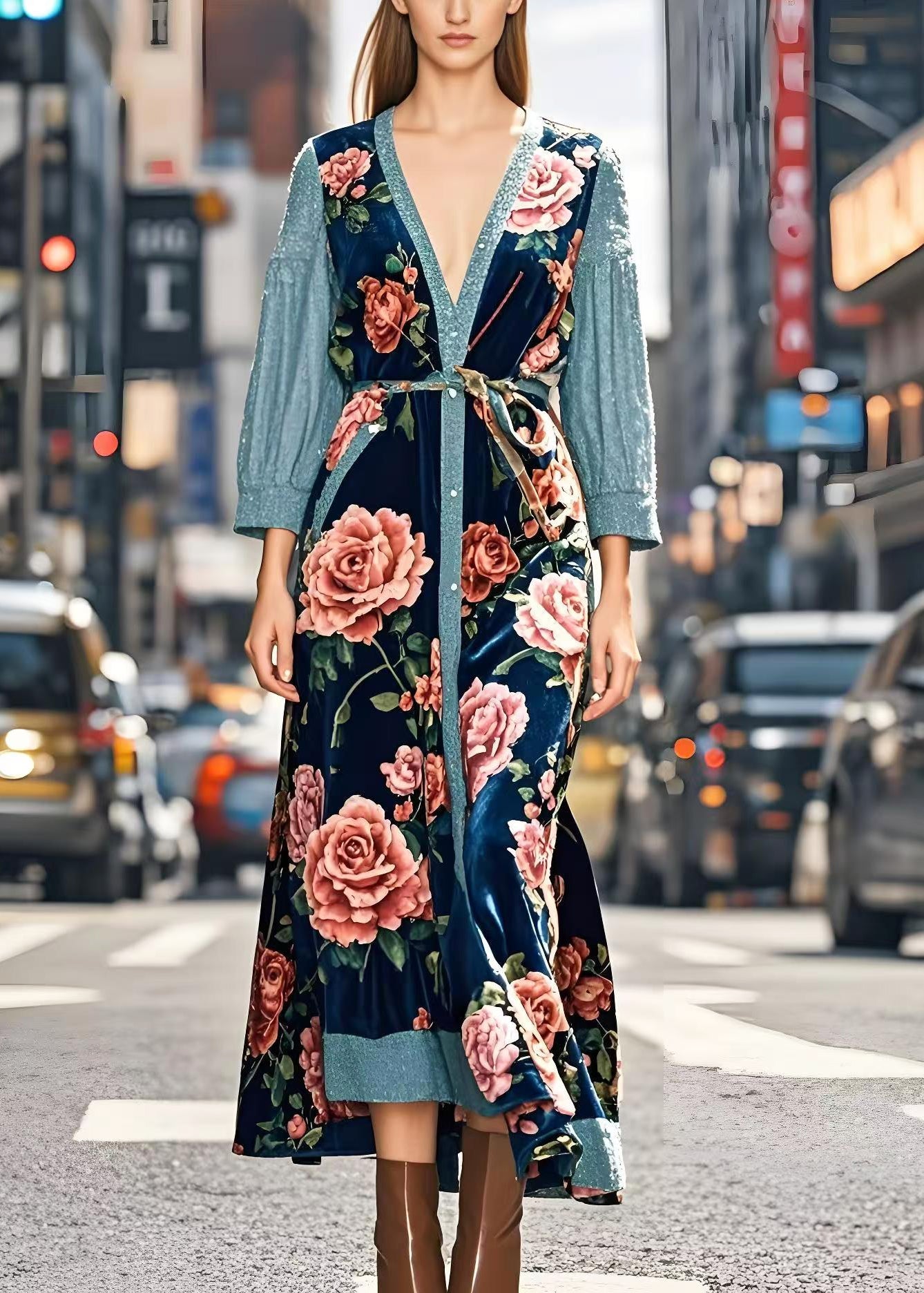 Art Peacock Blue Patchwork Silk Velour Long Dresses Spring