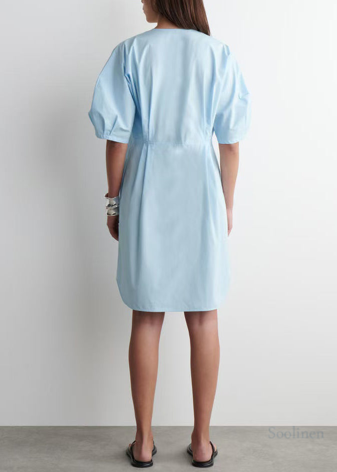Art Sky Blue Puff Sleeve Cotton Work Dress Summer