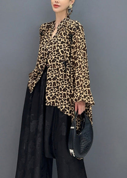 Leopard Stand Collar Asymmetrical Design Tops Fall