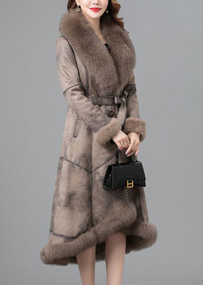 Khaki Fox Collar Tie Waist Fuzzy Rabbit Leather and Fur Coats Winter