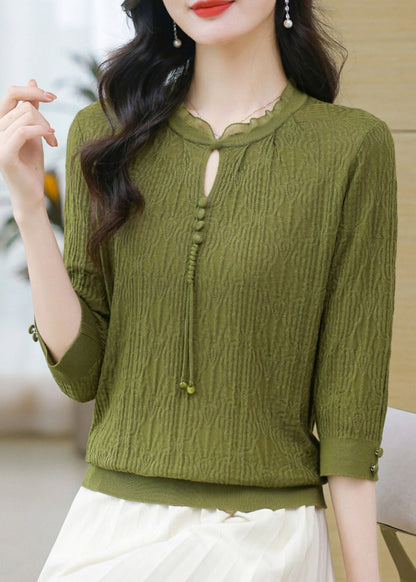 Simple Green O-neck Button Knit T Shirt Bracelet Sleeve Fall