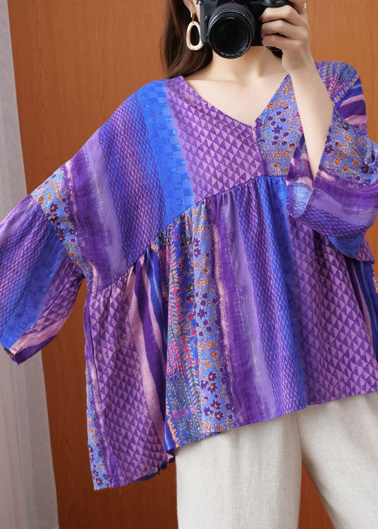 Organic Purple Flare Sleeve V Neck Patchwork Print Fall Top