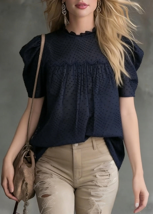 French Navy Wrinkled Cotton Blouses Puff Sleeve