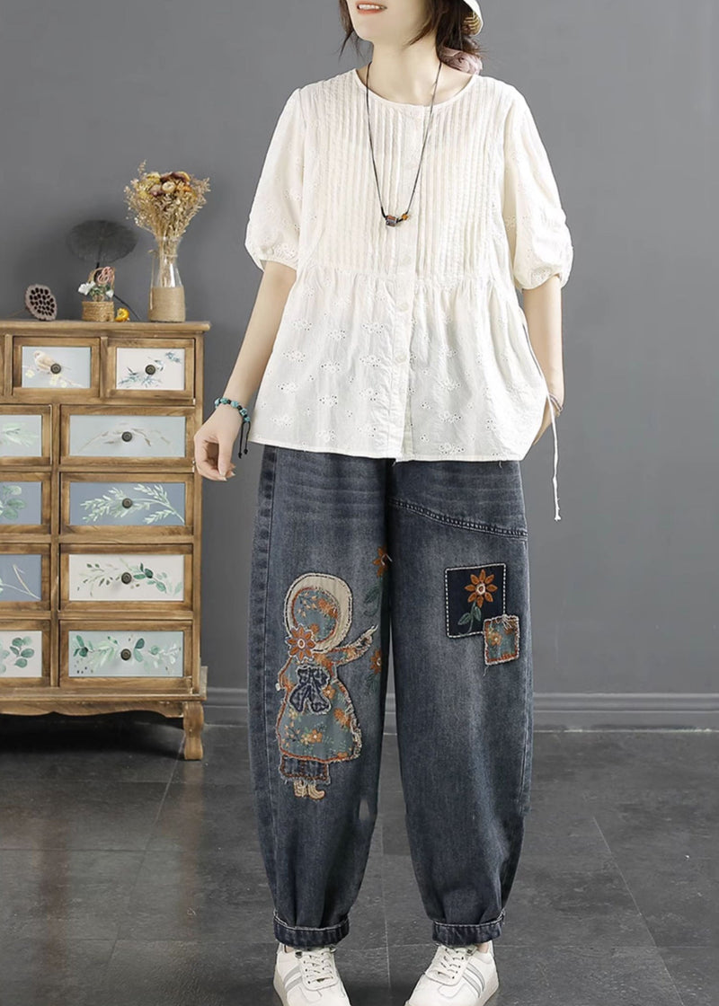 Navy Embroideried Applique Denim Harem Pants Winter