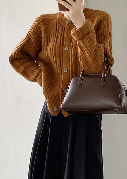 French Grey O-neck Button Cable Knit Coat Fall