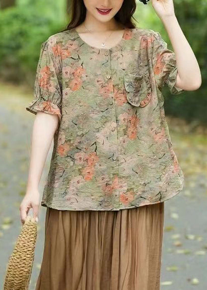 Loose Light Green Print Button Patchwork Linen Shirts Summer