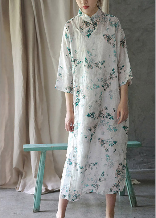White Print Stand Collar Side Open Linen Cheongsam Dress Summer