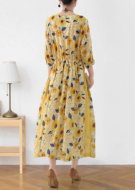 Italian Yellow Print Ramie Tie Waist Ankle Dress Fall