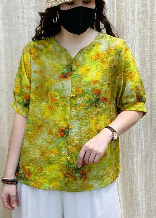 Yellow Print Wrinkled Linen Shirt Top Short Sleeve