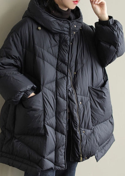 Black Zippered Button Loose Winter Duck Down Jackets