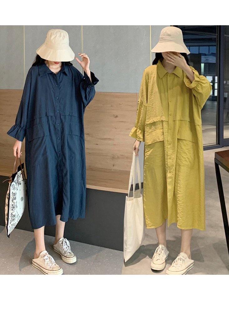 Style Yellow Dress Lapel Pockets Maxi Spring Dresses